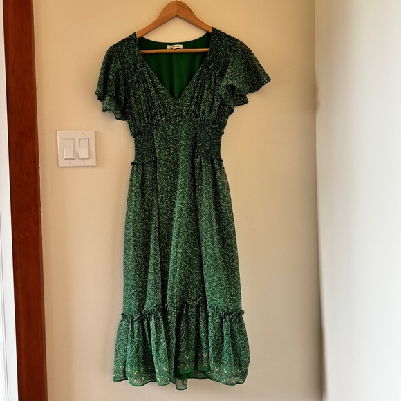 Max Studio Green Floral Midi Dress Smocked Waist Cottagecore XS - Picture 3 of 15